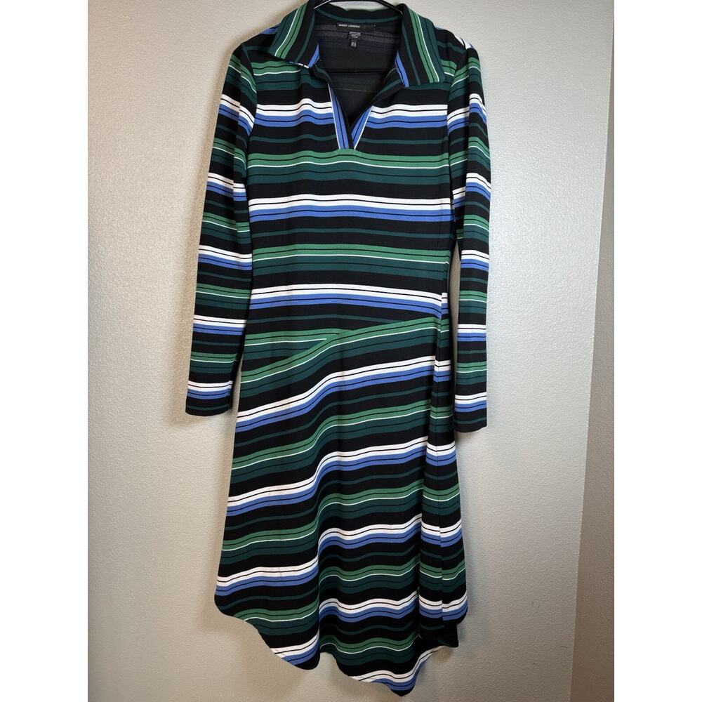 Maggie London Asymmetrical Hem Midi Dress Green‎ Blue White Womens Size 6 Ribbed